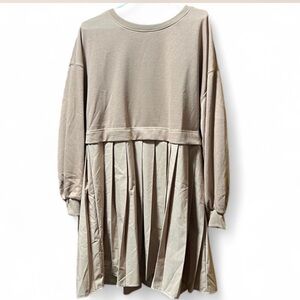 Beige Long Sleeve Pleated Dress